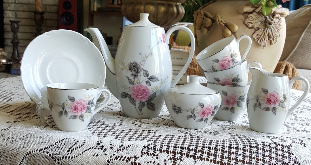 Children Tea Set Fine China Platinum Pink Roses Silver Trim Set of Mini