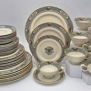 Lenox Autumn Fine China Set for 8 with 22kt Gold Trim | 40 Piece Set | Presidential Collection Blue Scrolls, Fruit Made in USA