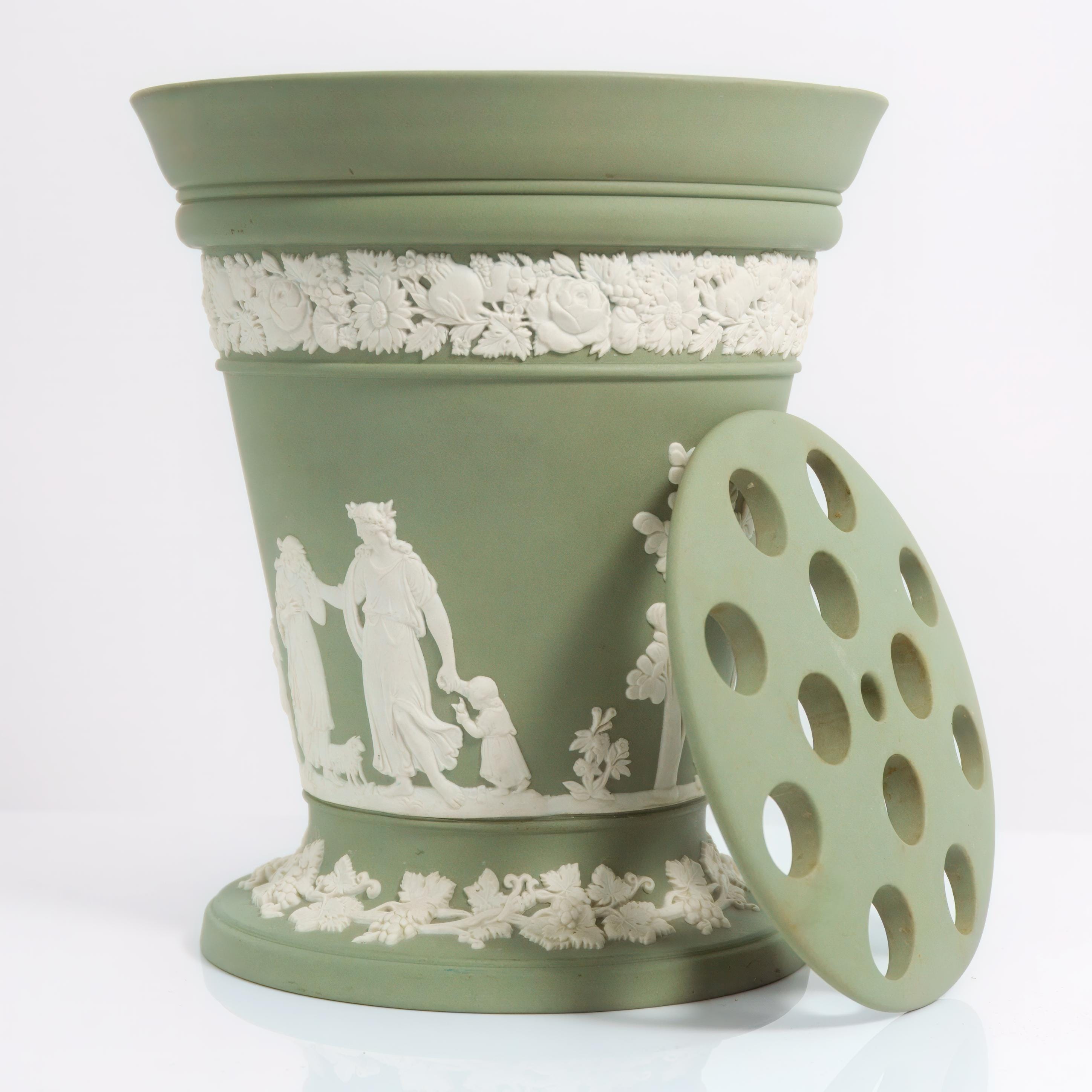 Wedgwood Jasperware Sage Green Vase W/ Lid | Frog Flower Planter