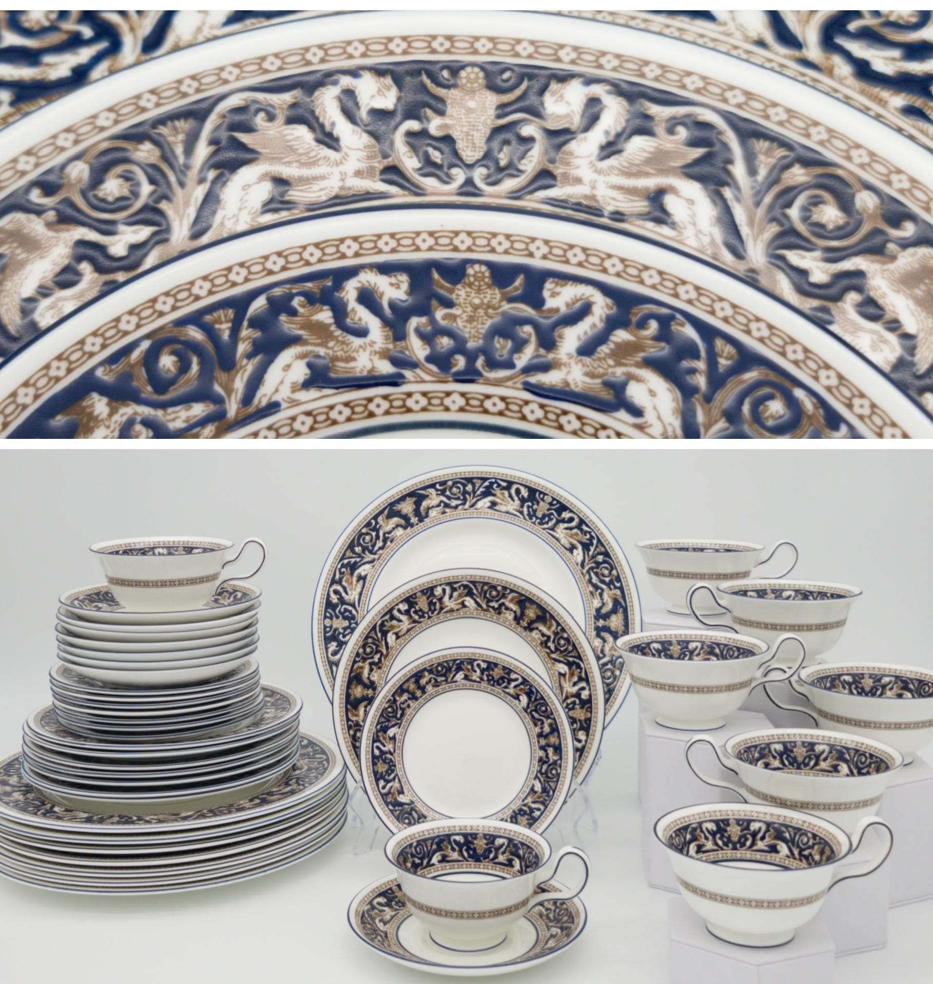 Wedgwood Florentine Set for 8 Brown Dragons on Blue | Dark Blue