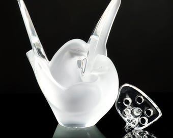 ラリック シルヴィー LALIQUE SYLVIE F LOWER VASE花瓶 Lalique Sylvie Vase With Flower Frog Bird Vase Vintage Crystal