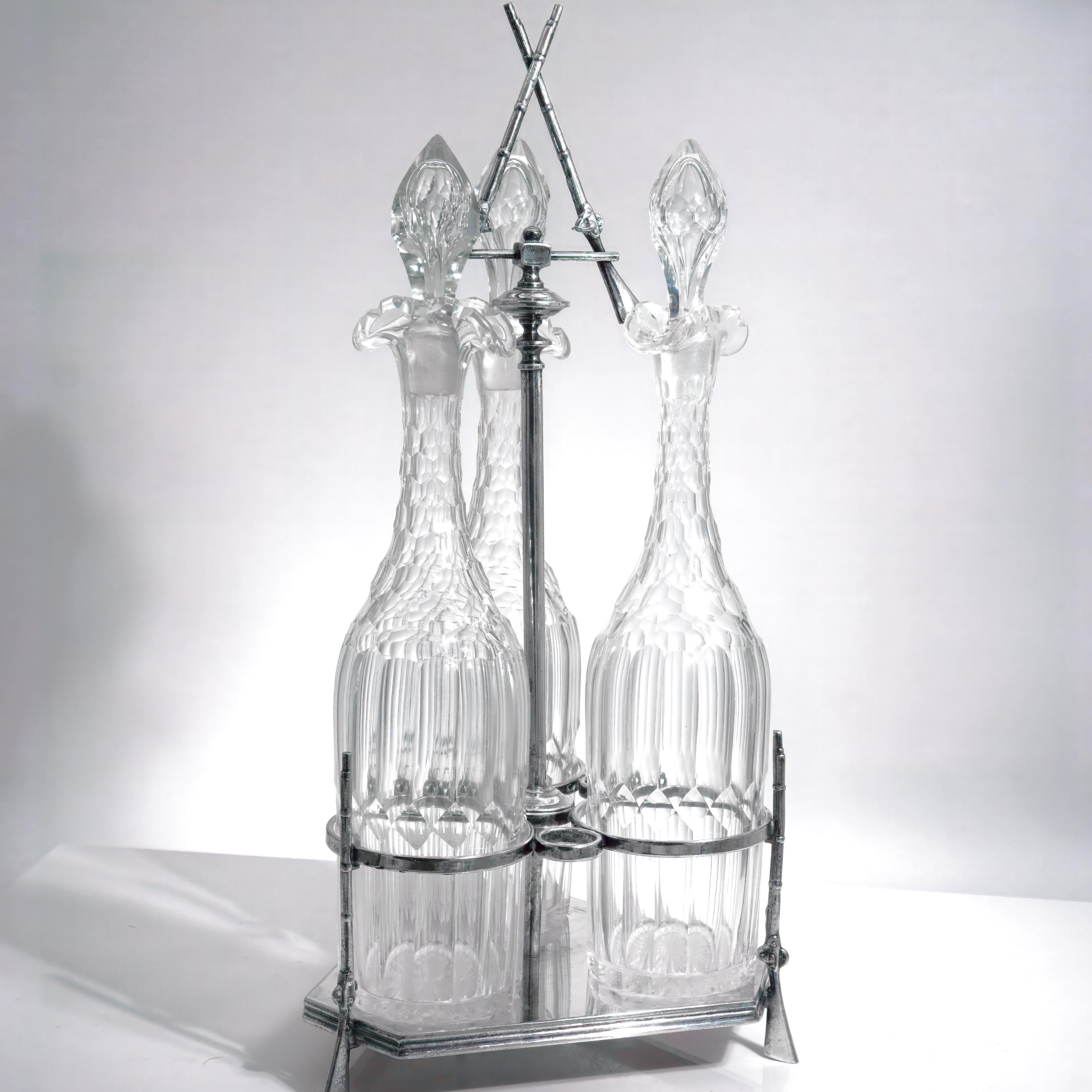 Hunter's Triple Decanter Set | Silver Plate Tantalus | Italian Cut