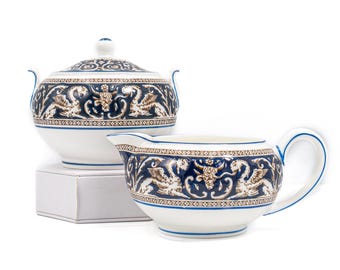 Wedgwood Florentine Dark Blue Cream & Sugar Set - Vintage English Bone China Creamer Sugar Bowl (W1956, Discontinued)