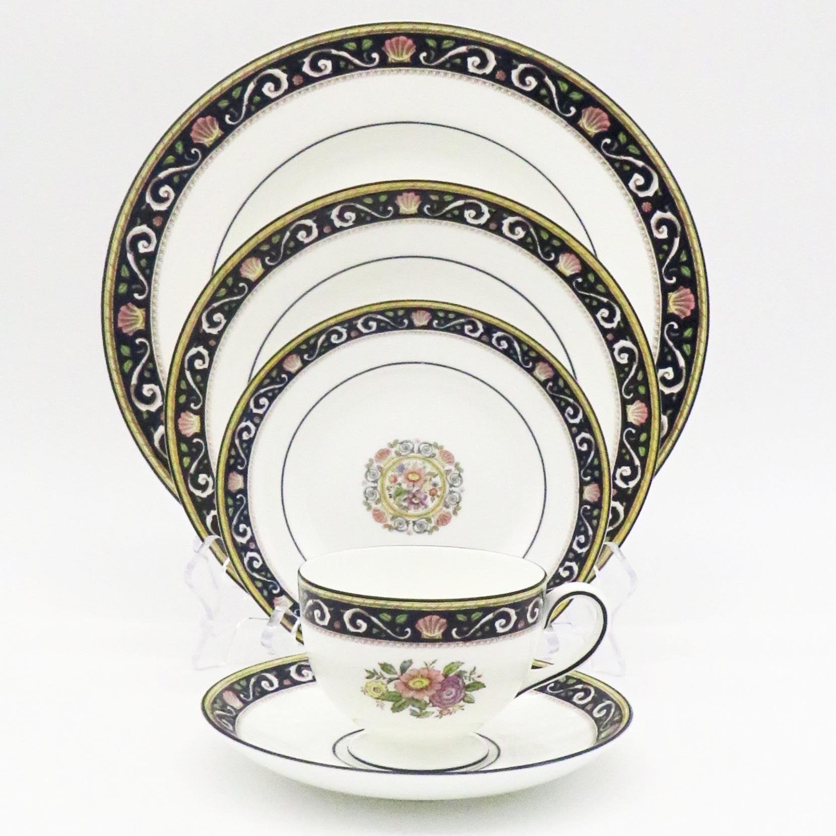 Wedgwood Runnymede China Set for 8, Dark Blue, Pink Shells