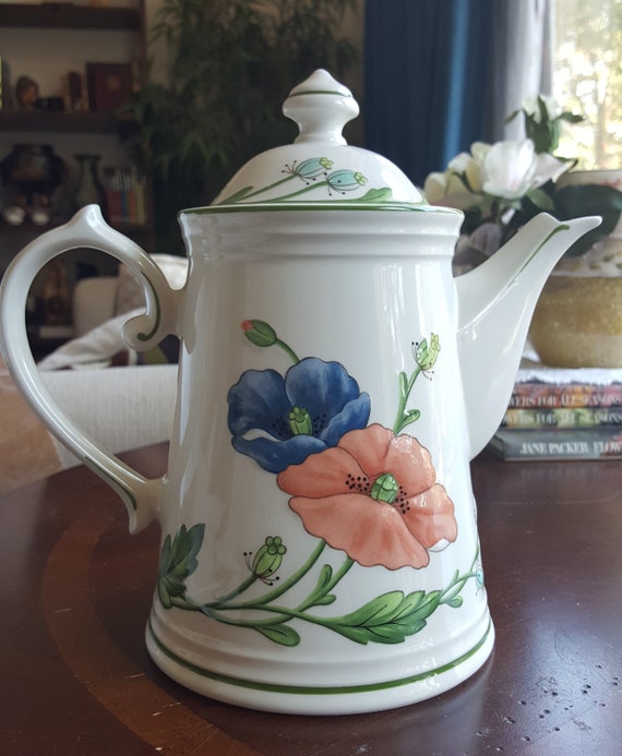 Villeroy Boch Amapola 6 Coupe Cereal Bowls 6” Round Poppies Orange Blue Villeroy Boch Amapola 6 Coupe Cereal Bowls 6” Round Poppies Orange Blue