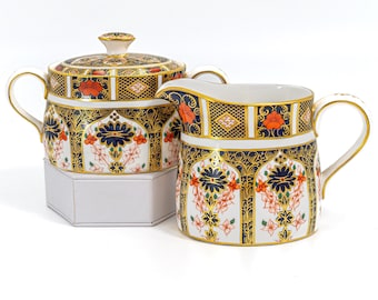 Royal Crown Derby Old Imari Creamer & Sugar Bowl Set - Vintage English Bone China (Pattern 1128, Oval Form)
