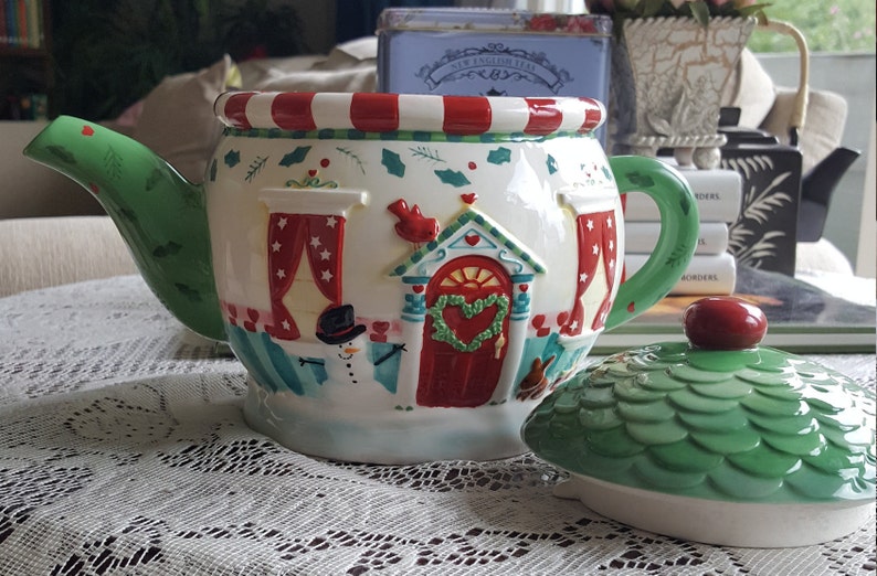Christmas Teapot Hallmark China Large Ceramic Christmas House Etsy