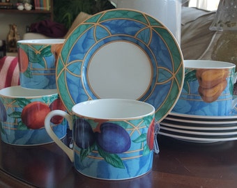 Victoria & Beale Forbidden Fruit China Set of 6 Cups and 6 Saucers, Vibrant Colors of Purple, Yellow, Blue and Green Luxury Wedding Gift