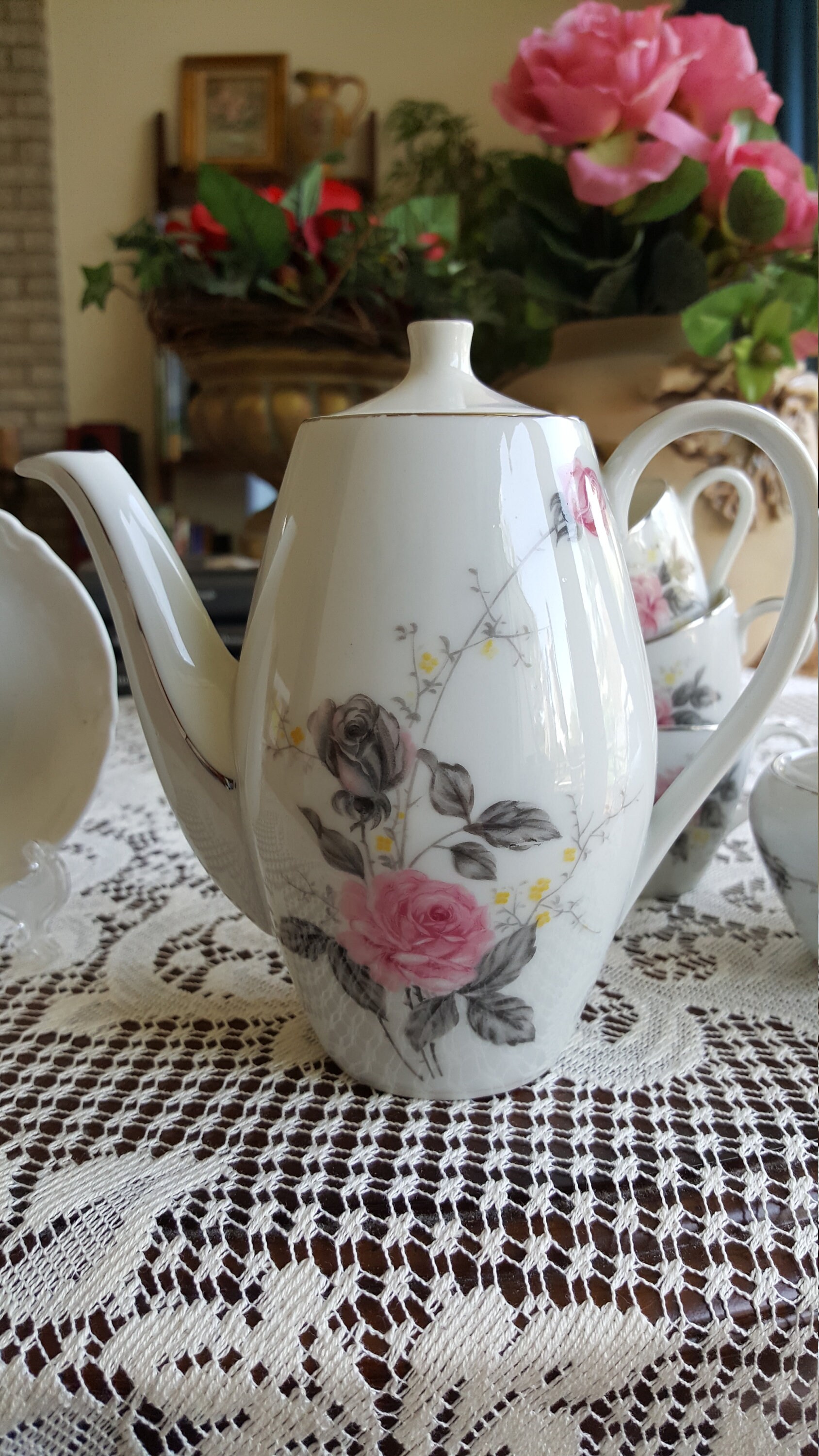Children Tea Set Fine China Platinum Pink Roses Silver Trim Etsy