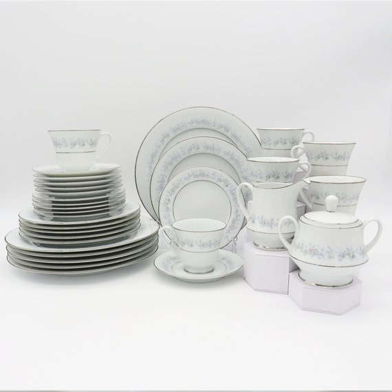 Noritake Marywood Set for 6 Guest 32 Pieces China Set With Sugar Bowl and Creamer Blue Floral and Platinum Trim Luxury Dinnerware Etsy