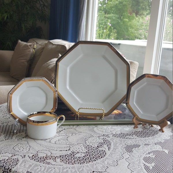 Set for 2  Fitz and Floyd Platine d'Or Octagonal China Set 8 Piece Place Setting Vintage Fine China Platinum Gold Border Luxury Dinnerware