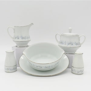 Noritake Marywood Hostess Set | 5 Pieces Sugar Bowl, Creamer, Gravy Boat, Salt & Pepper | Blue Floral and Platinum Trim | Luxury Dinnerware