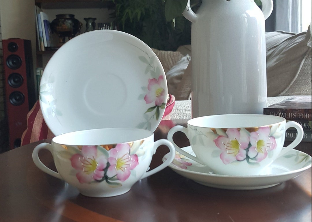 Set of 2 Bouillon Cup and Saucer Noritake Azalea China Set 4 Piece Hand
