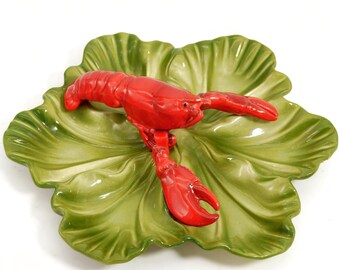 1940s Brad Keeler "Ming Dragon Blood" Earthenware Lobster Tray (14") | California Art Pottery 2 Section Divided Figural Lobster Serving Dish