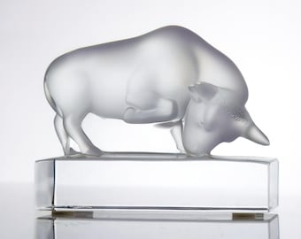 Lalique Crystal Bull Sculpture - French Art Glass Taurus Paperweight Executive Gift Wall Street Symbol (Model #11805)