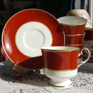 12-delige MIKASA Egyptisch terracotta 6 kopjes en 6 schotels porseleinen serviesgoed rode roestband gouden rand op wit huwelijkscadeau luxe afternoon tea set
