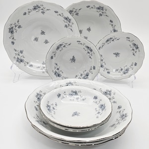 Johann Haviland blauwe slinger set voor 4 coupé-soep- en fruitschalen, Bavaria backstamp, vintage porselein serveerset, florale elegantie