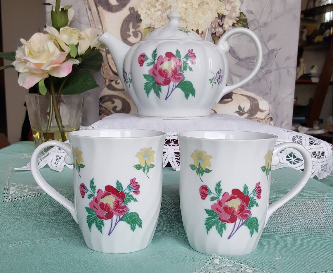 Laura Ashley Teapot and Mugs China Set Parfums Pattern Elegant Etsy