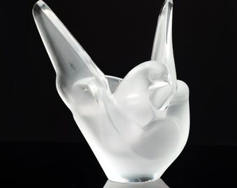 Lalique Sylvie Vase With Flower Frog Bird Vase Vintage Crystal