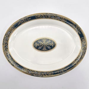 Royal Doulton Carlyle Ovale Servierplatte 13 &quot;&quot;Elegantes Knochenporzellan, blaue Blumen, Goldblätter, türkisfarbenes Band, Weihnachtsgeschirr.&quot;