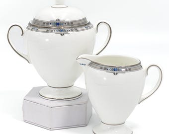 Wedgwood Amherst Platinum Trim Creamer and Sugar Bowl Set - Vintage English Bone China Globe Shape