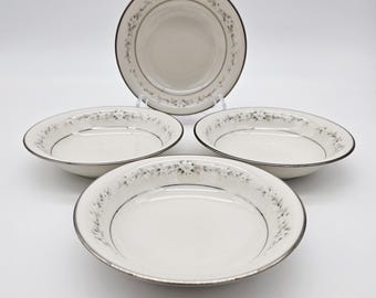 Juego de 4 cuencos para postres y frutas Noritake Heather, diseño floral vintage, flores blancas y hojas verdes, borde platino, vajilla para Acción de Gracias