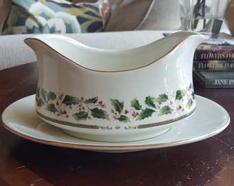Gravy Boat & Underplate Holly Holiday by Royal Limited China Set Christmas Holly and Berries Band Gold Trim Luxury Dinnerware Gift