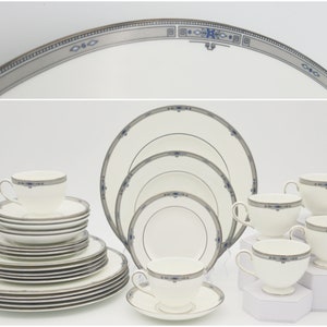 Wedgwood Amherst China Set for 4 Vintage Timeless Grey Blue Floral Design for Wedding Thanksgiving Dinner Quiet Luxury Tableware Art Deco