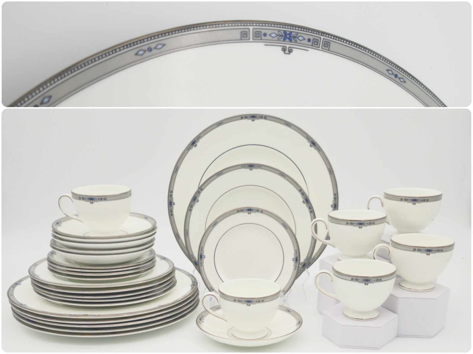 Wedgwood Amherst China Set for 8 Elegant Grey Blue Floral Design 