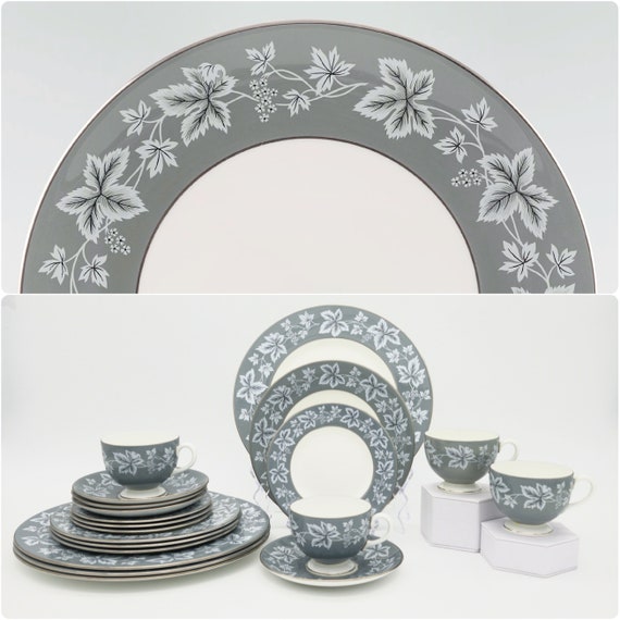 Wedgwood Moselle Gray China Set for 4 | White Leaves, Platinum
