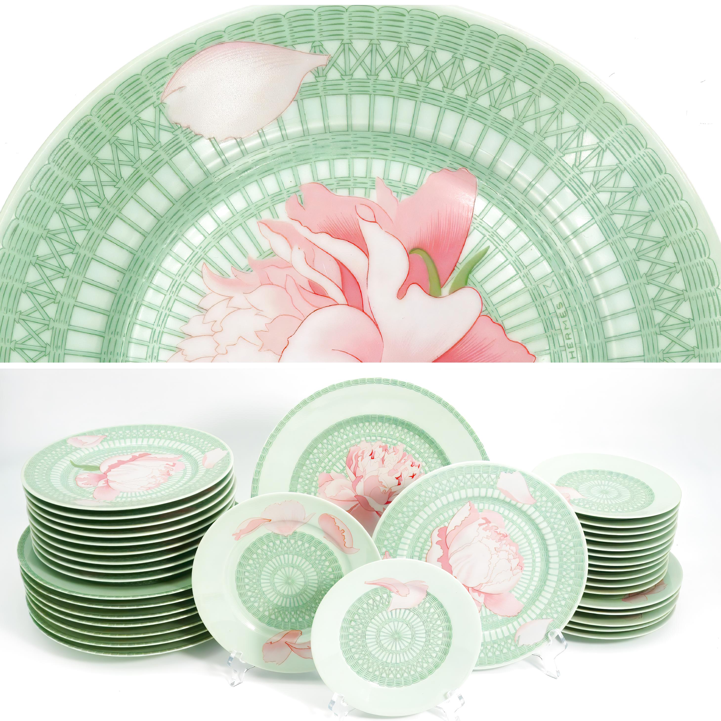 Vintage Hermes China Set | 36pc Celadon Sage Green & Pink Dinner