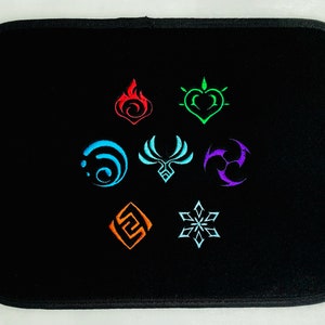 Op de afbeelding: Zwarte muismat met zeven geborduurde symbolen in verschillende kleuren: blauw, rood, oranje, groen, paars, lichtblauw en wit. De symbolen zijn in een cirkel gerangschikt.