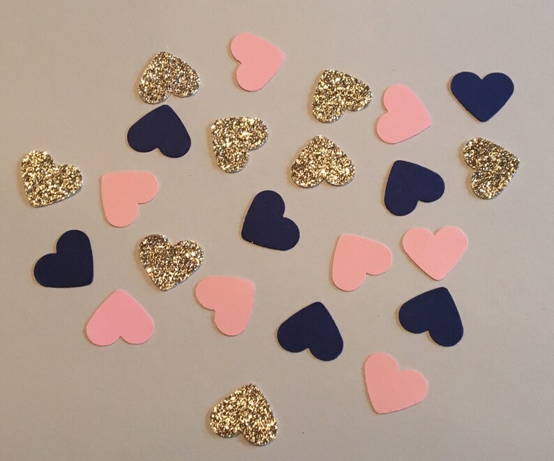 225 Heart Confetti Pink Navy Gold Confetti Glitter Confetti Bridal Shower Confetti Wedding Confetti Anniversary Confetti Pink and Navy