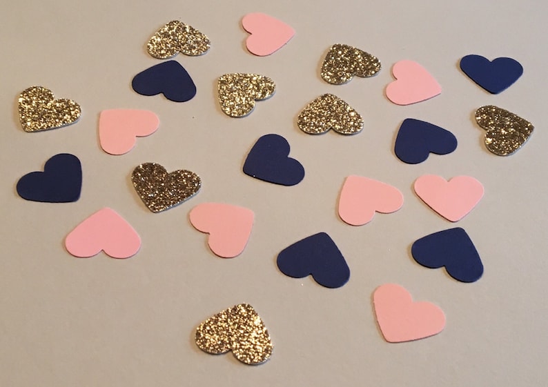 225 Heart Confetti Pink Navy Gold Confetti Glitter Confetti Bridal Shower Confetti Wedding Confetti Anniversary Confetti Pink and Navy