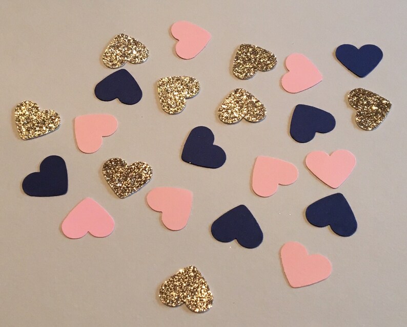 225 Heart Confetti Pink Navy Gold Confetti Glitter Confetti Bridal Shower Confetti Wedding Confetti Anniversary Confetti Pink and Navy