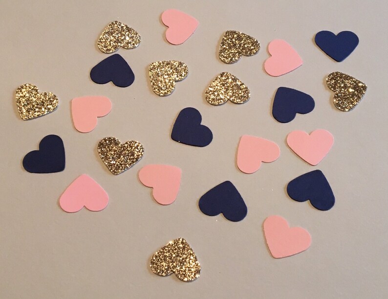 225 Heart Confetti Pink Navy Gold Confetti Glitter Confetti Bridal Shower Confetti Wedding Confetti Anniversary Confetti Pink and Navy