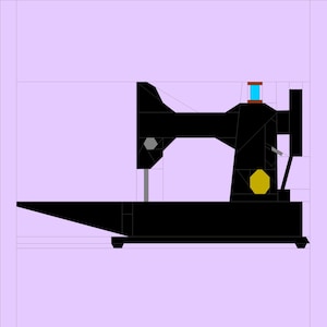 Peut inclure: Une illustration graphique stylisée d'une machine à coudre noire sur un fond violet clair. La machine présente une bobine bleu vif sur le dessus, un détail octogonal jaune sur le côté et une aiguille pointant vers la base.