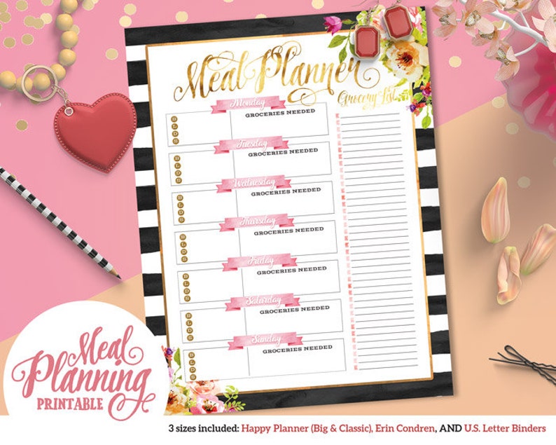 Printable Black /& White Floral Weekly Meal Planner Instant Download Letter Binders U.S For Happy Planner Erin Condren