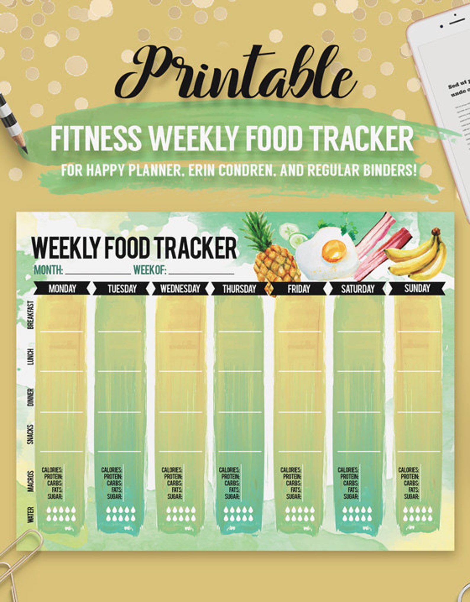 Printable Fitness Weekly Food Tracker for U.S. Letter Etsy