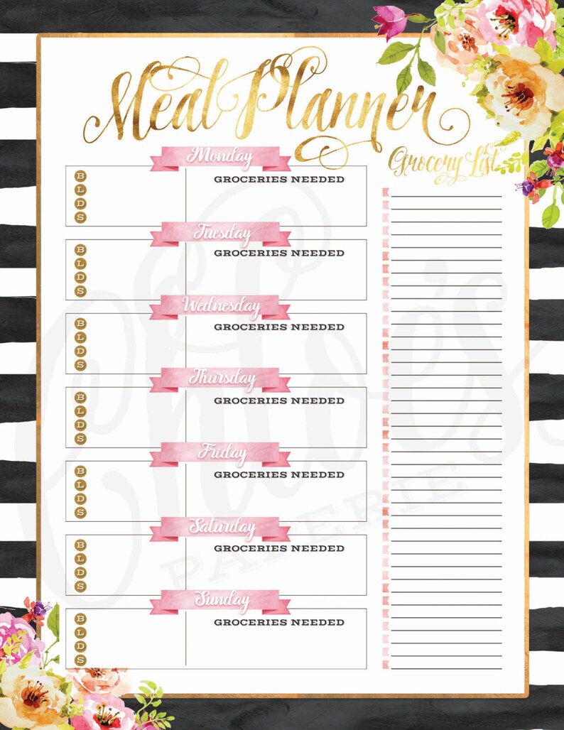 Printable Black /& White Floral Weekly Meal Planner Instant Download Letter Binders U.S For Happy Planner Erin Condren