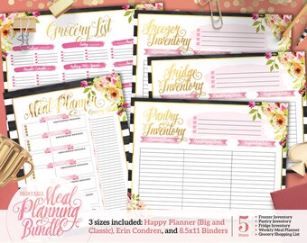 Printable Stripe Floral Meal Planning Bundle | For Happy Planner | Erin Condren | U.S. Letter Binders | Instant Download