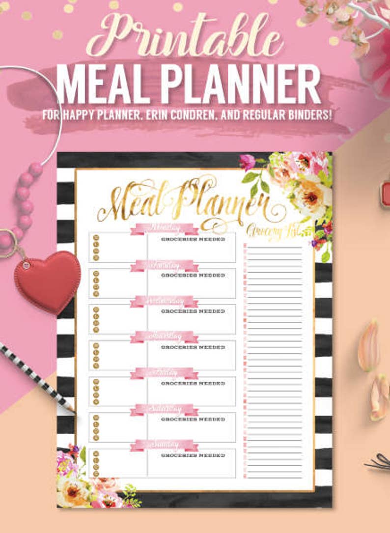 Printable Black /& White Floral Weekly Meal Planner Instant Download Letter Binders U.S For Happy Planner Erin Condren