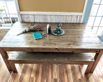 Farmhouse Dining Table Rustic Distressed top and bench