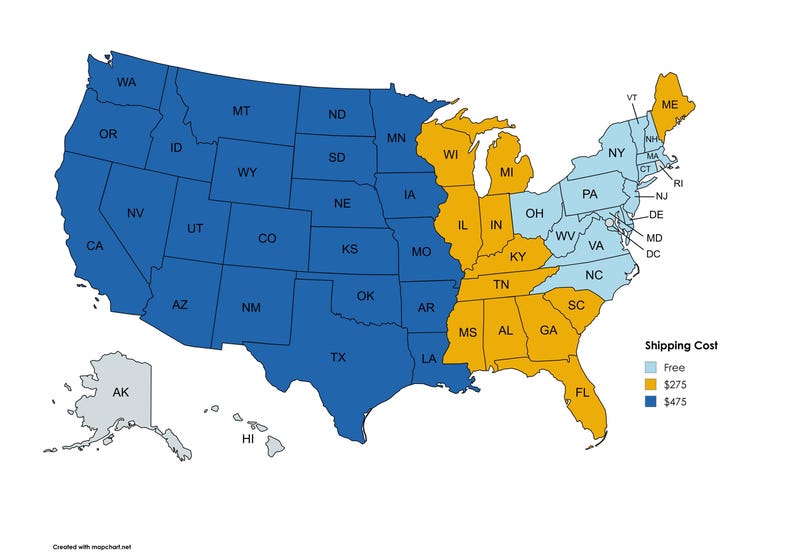 Puede incluir: Un mapa de los Estados Unidos que muestra los costos de env&iacute;o. Los Estados Unidos contiguos est&aacute;n divididos en tres zonas: azul, naranja y azul claro. Alaska es gris, Haw&aacute;i es gris, y el texto "Costo de env&iacute;o" est&aacute; en negro. El texto "Gratis" est&aacute; en azul claro, el texto "$275" est&aacute; en naranja, y el texto "$475" est&aacute; en azul.
