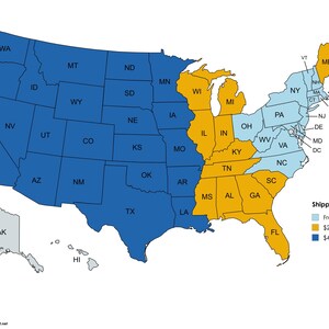May include: A map of the United States, color-coded to indicate shipping costs. States in blue have a shipping cost of $475, orange states have a $275 shipping cost, and light blue states have free shipping.