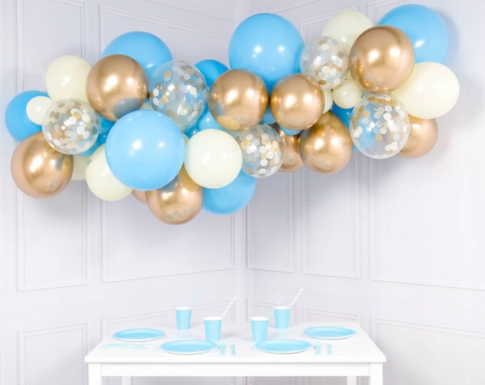 BLUE GOLD GARLAND, Baby Blue and Gold Balloon Garland Kit - dyi 56 piece set