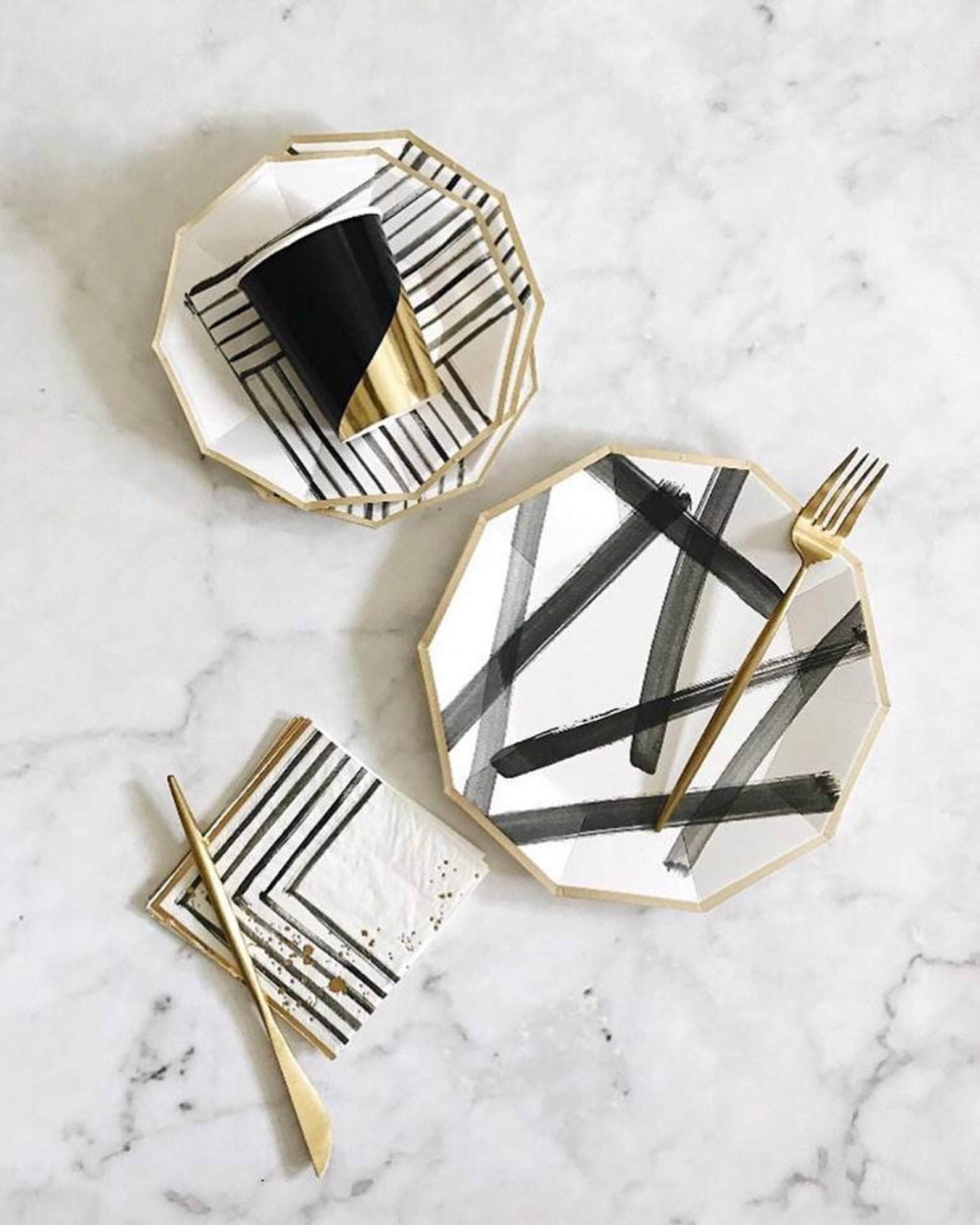 BLACK AND WHITE Partyware Black and White Brush Strokes Etsy