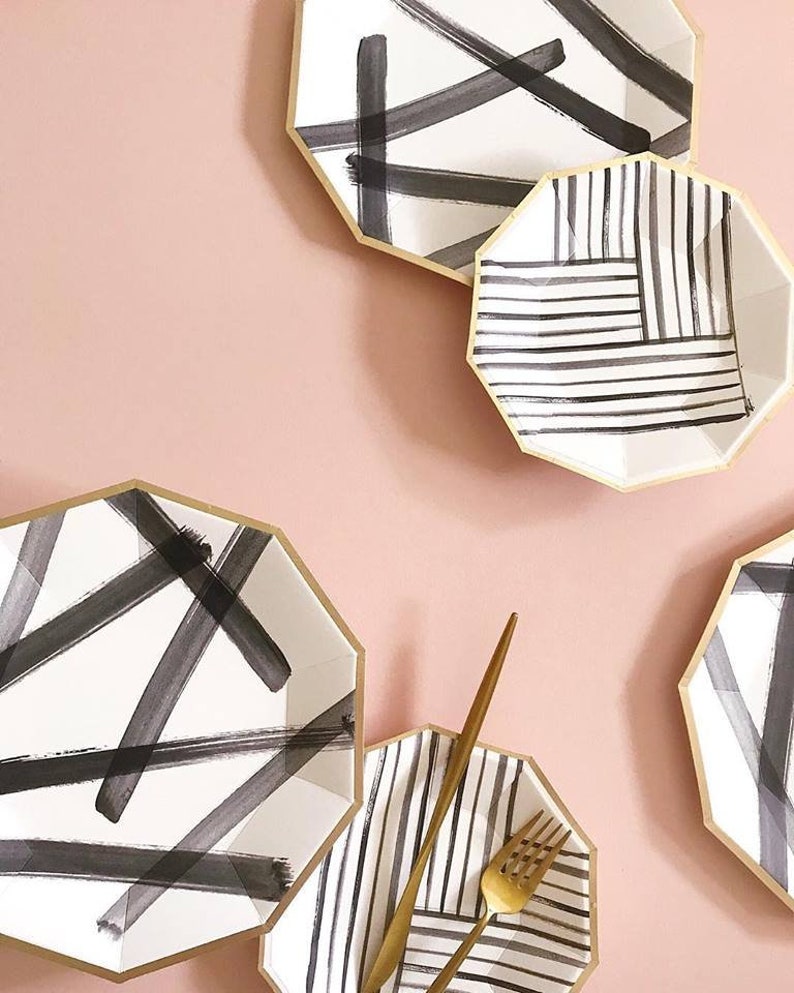 BLACK AND WHITE Partyware Black and White Brush Strokes Etsy
