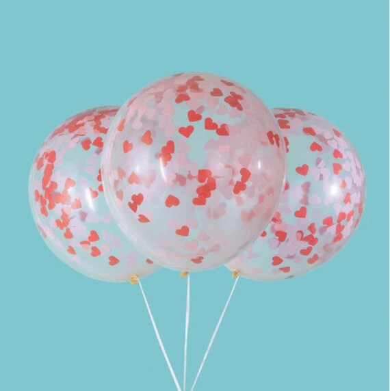 CLEAR BALLOON CONFETTI, Clear balloon with heart shaped confetti set of 5, engagement decor