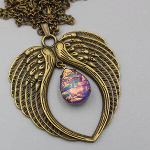 Large Antique Brass Doubl Guardian Angel Wings Necklace Resin Lilac Opal Cabochon Long Necklace Wing Jewelry Heart Wings